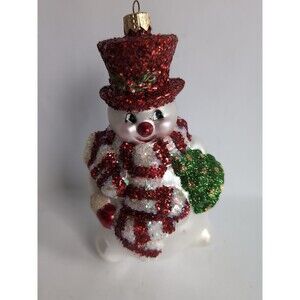Snowman Candy Cane Scarf Christmas Ornament POLAND Blown Glass Red Glitter